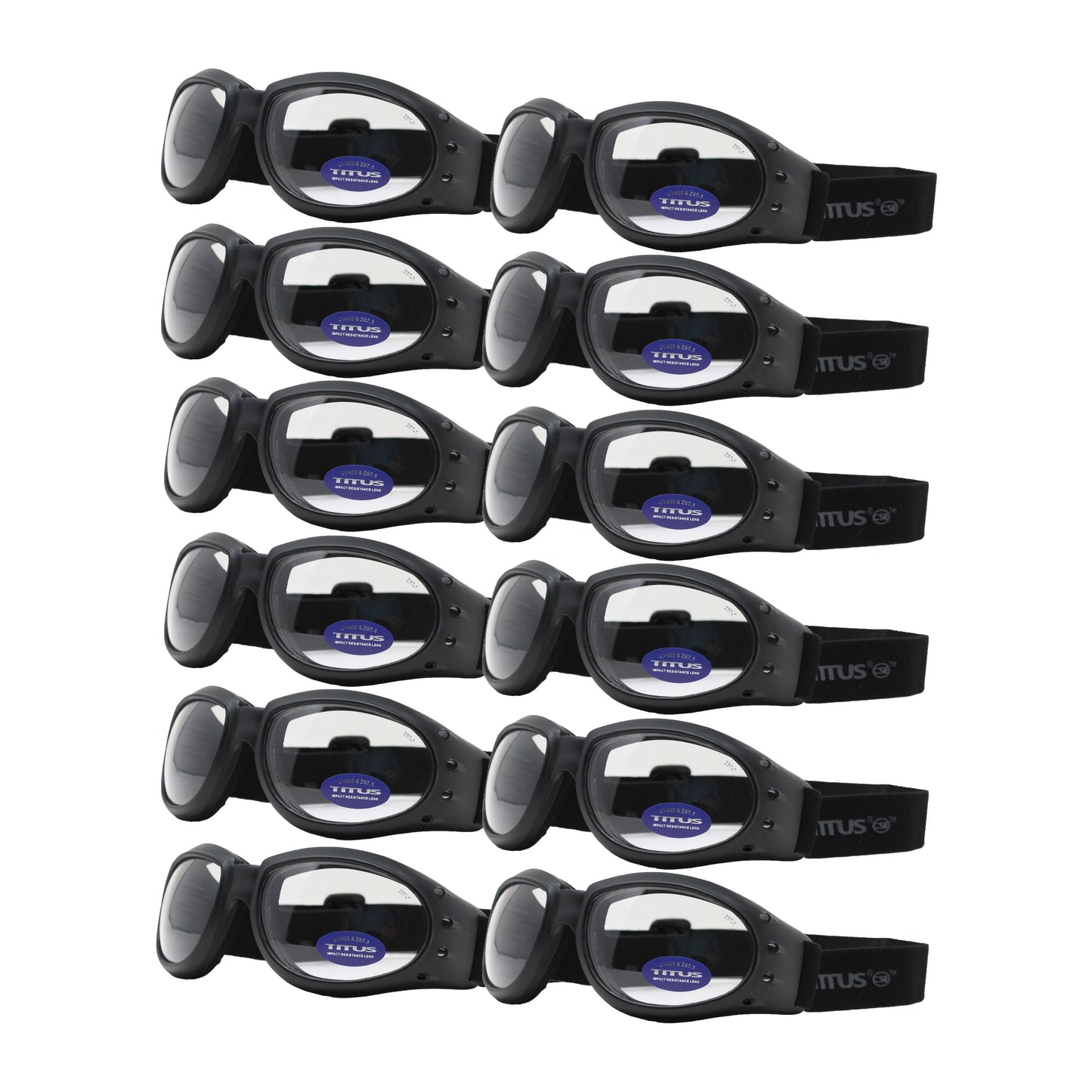 BULK ORDER - TITUS 12 PACK G10 CLEAR RAPTOR Motorcycle Riding Padded Sport Goggles